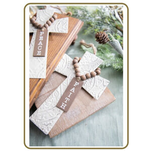 Embossed Metal Cross Faith Christmas Tree Ornament Wooden Bead Holiday Farmhouse